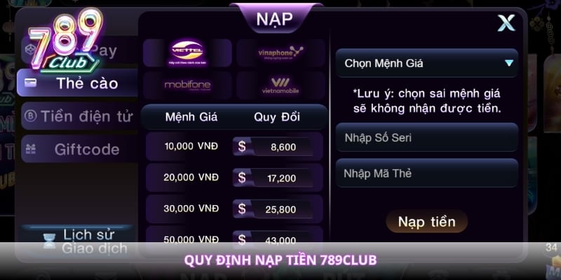 Quy định nạp tiền 789Club